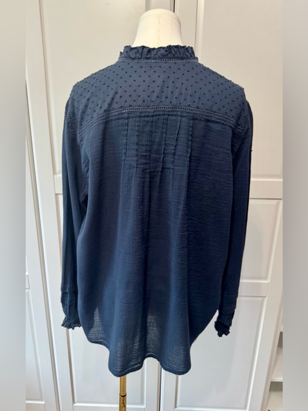 Quince Organic Textured Cotton Peasant Classic Navy Ruffle Sleeve‎ Blouse XL - Picture 9 of 14